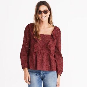 Madewell Burgundy Eyelet Ruffle Peplum Blouse M Cottagecore Boho Feminine Top